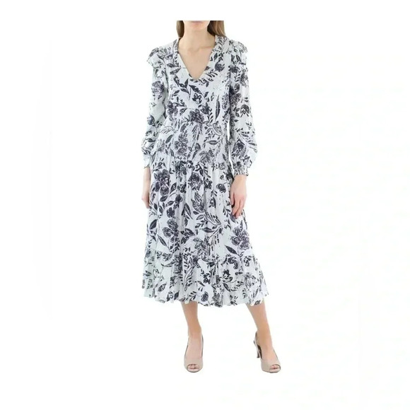 Aqua Dresses & Skirts - Aqua Women's Linen Blend Smocked Long Sleeve Midi Dress Flower Print Blue Sz XS